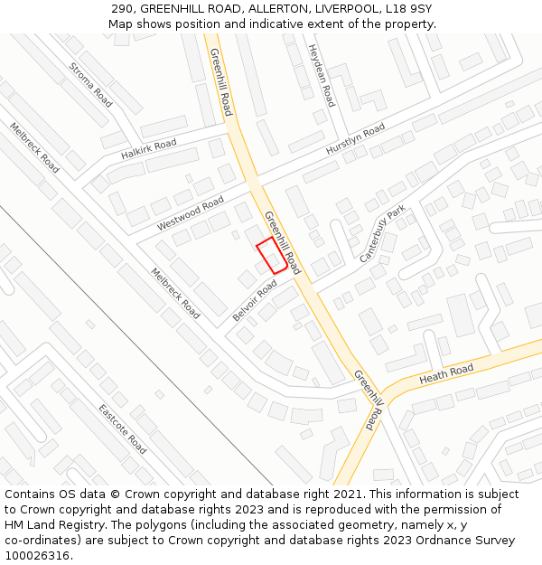 290, GREENHILL ROAD, ALLERTON, LIVERPOOL, L18 9SY: Location map and indicative extent of plot