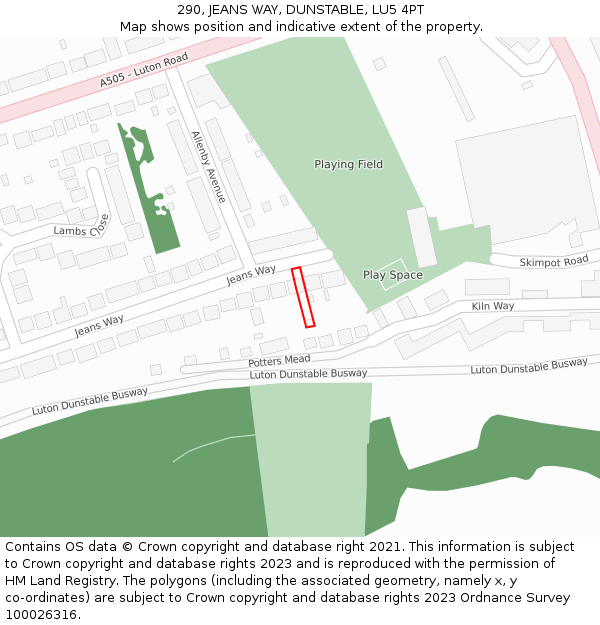 290, JEANS WAY, DUNSTABLE, LU5 4PT: Location map and indicative extent of plot