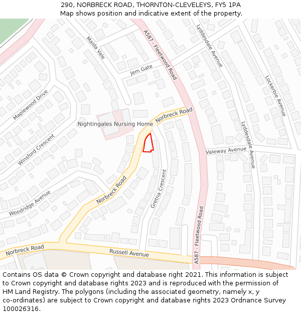 290, NORBRECK ROAD, THORNTON-CLEVELEYS, FY5 1PA: Location map and indicative extent of plot