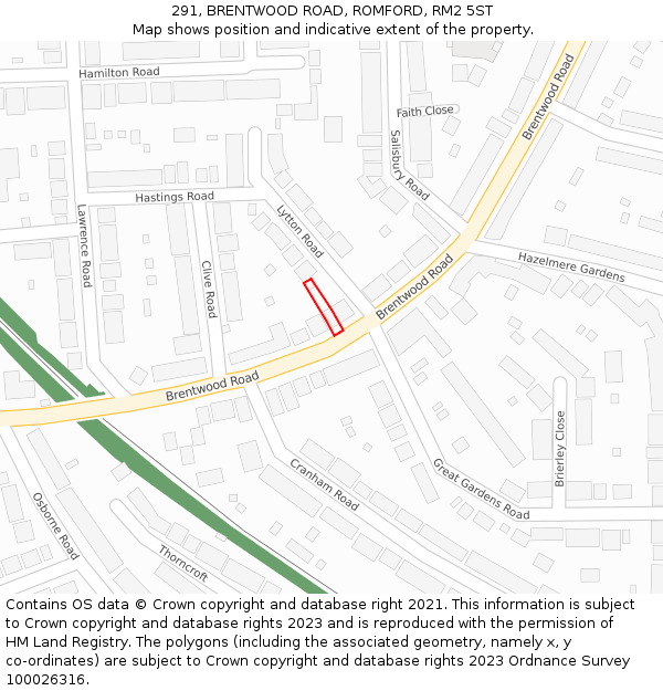 291, BRENTWOOD ROAD, ROMFORD, RM2 5ST: Location map and indicative extent of plot