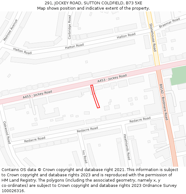 291, JOCKEY ROAD, SUTTON COLDFIELD, B73 5XE: Location map and indicative extent of plot