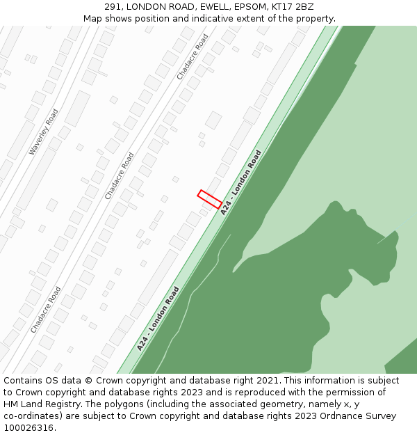 291, LONDON ROAD, EWELL, EPSOM, KT17 2BZ: Location map and indicative extent of plot