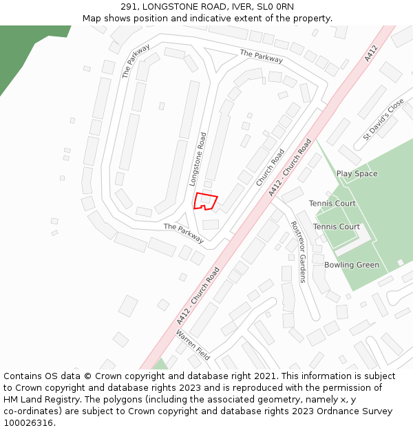 291, LONGSTONE ROAD, IVER, SL0 0RN: Location map and indicative extent of plot