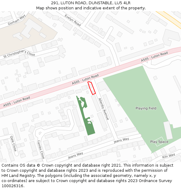 291, LUTON ROAD, DUNSTABLE, LU5 4LR: Location map and indicative extent of plot