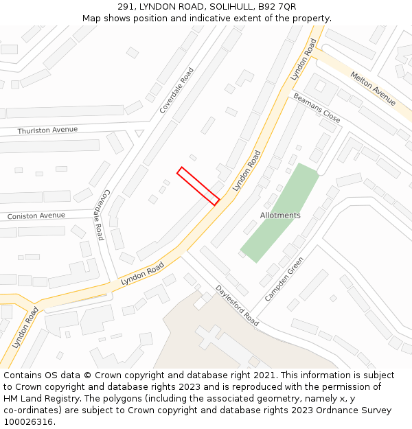 291, LYNDON ROAD, SOLIHULL, B92 7QR: Location map and indicative extent of plot