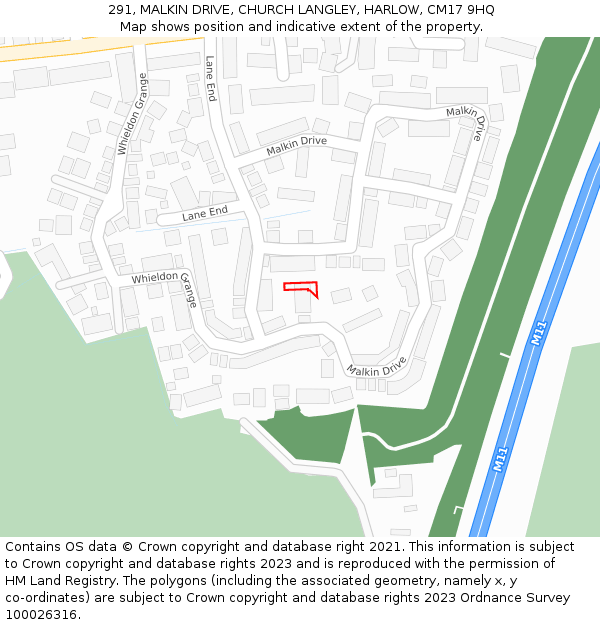 291, MALKIN DRIVE, CHURCH LANGLEY, HARLOW, CM17 9HQ: Location map and indicative extent of plot