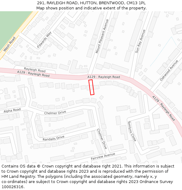 291, RAYLEIGH ROAD, HUTTON, BRENTWOOD, CM13 1PL: Location map and indicative extent of plot