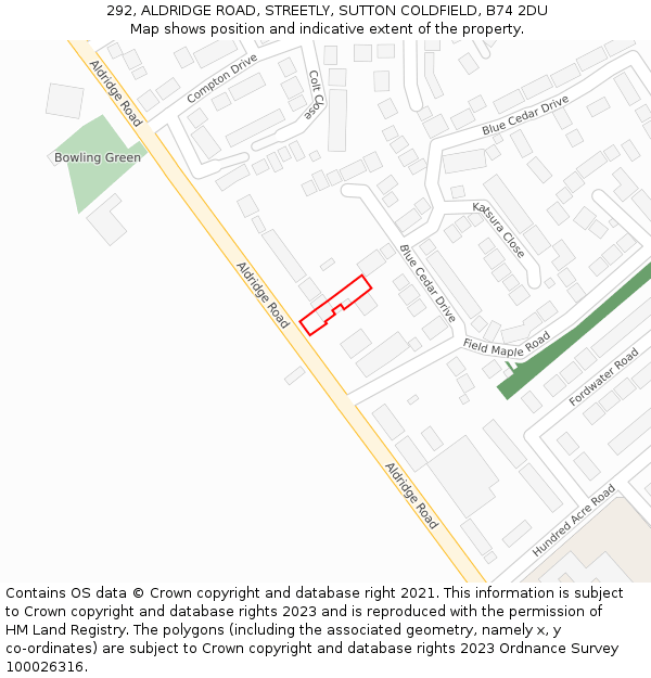 292, ALDRIDGE ROAD, STREETLY, SUTTON COLDFIELD, B74 2DU: Location map and indicative extent of plot