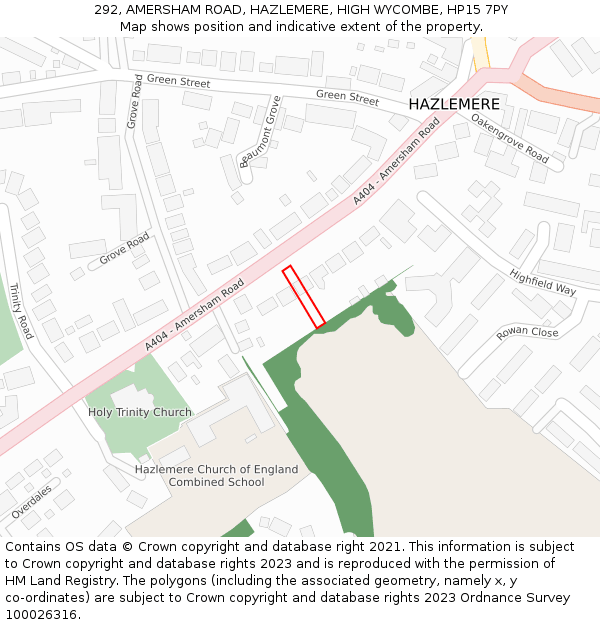 292, AMERSHAM ROAD, HAZLEMERE, HIGH WYCOMBE, HP15 7PY: Location map and indicative extent of plot