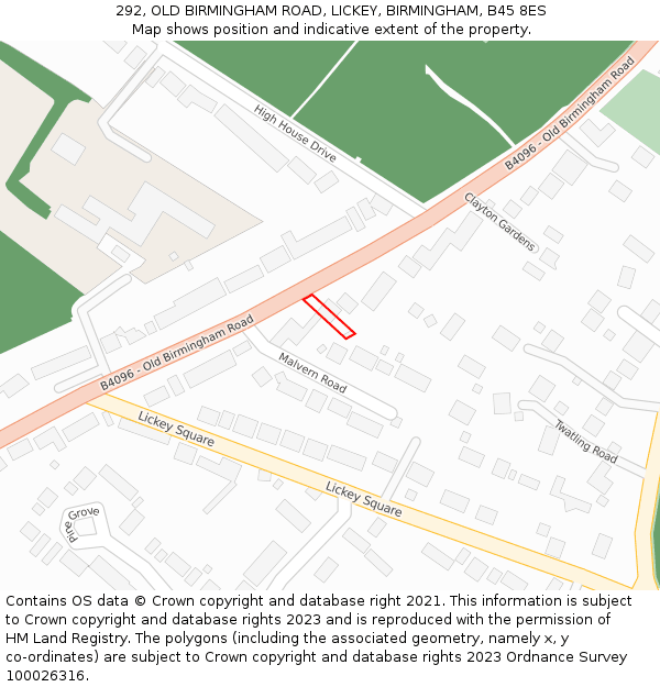 292, OLD BIRMINGHAM ROAD, LICKEY, BIRMINGHAM, B45 8ES: Location map and indicative extent of plot