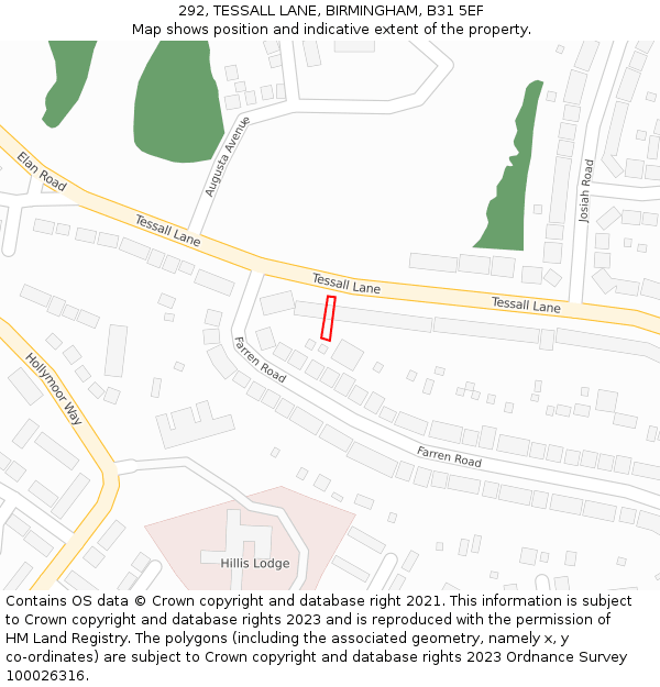 292, TESSALL LANE, BIRMINGHAM, B31 5EF: Location map and indicative extent of plot