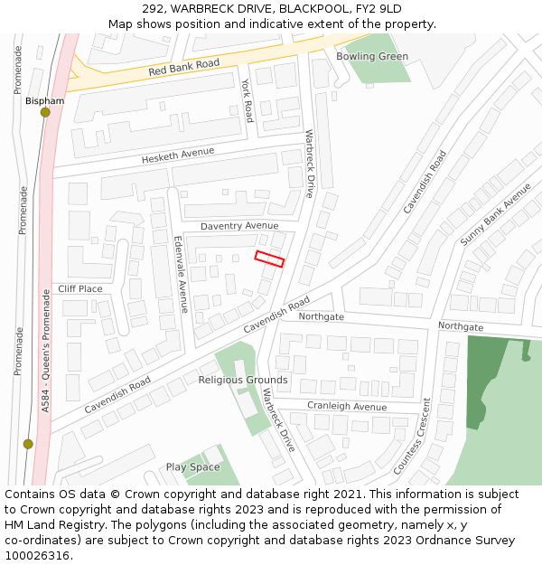 292, WARBRECK DRIVE, BLACKPOOL, FY2 9LD: Location map and indicative extent of plot