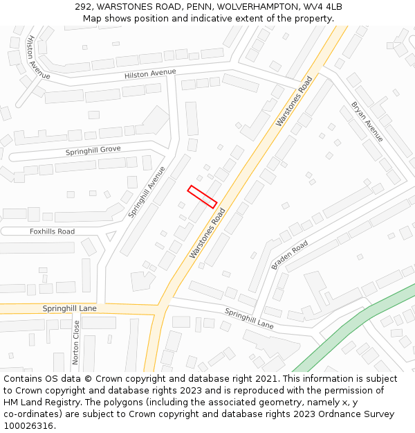 292, WARSTONES ROAD, PENN, WOLVERHAMPTON, WV4 4LB: Location map and indicative extent of plot