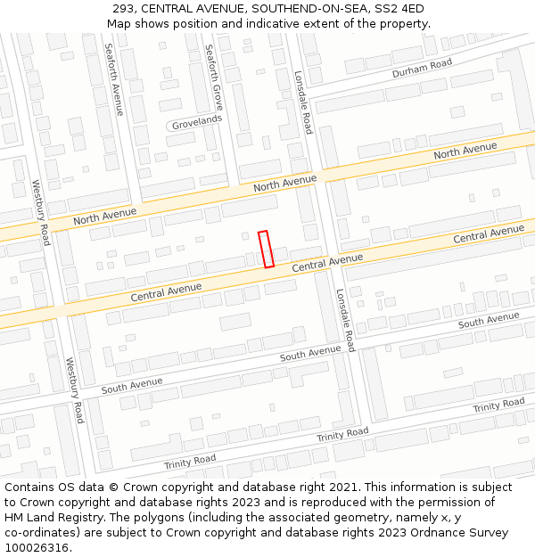 293, CENTRAL AVENUE, SOUTHEND-ON-SEA, SS2 4ED: Location map and indicative extent of plot