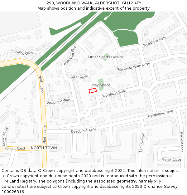 293, WOODLAND WALK, ALDERSHOT, GU12 4FY: Location map and indicative extent of plot