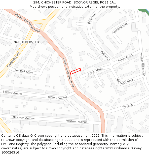 294, CHICHESTER ROAD, BOGNOR REGIS, PO21 5AU: Location map and indicative extent of plot