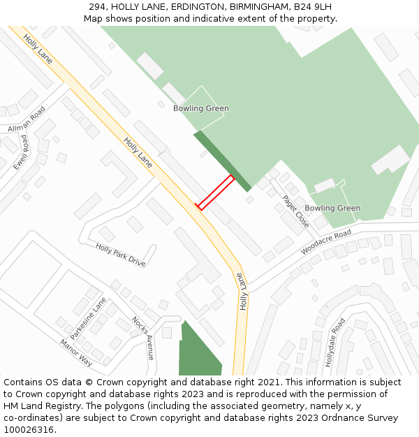 294, HOLLY LANE, ERDINGTON, BIRMINGHAM, B24 9LH: Location map and indicative extent of plot