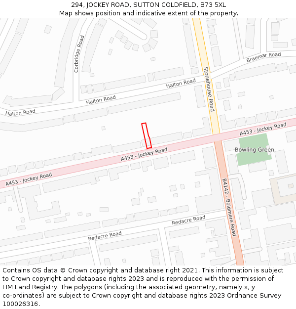 294, JOCKEY ROAD, SUTTON COLDFIELD, B73 5XL: Location map and indicative extent of plot