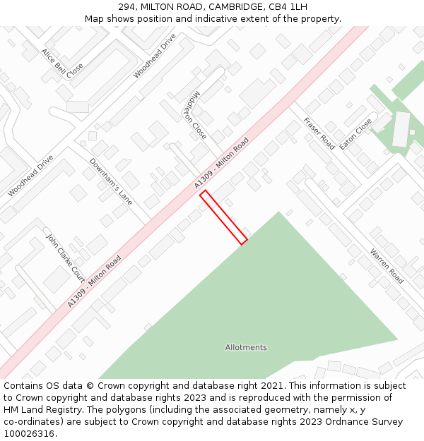 294, MILTON ROAD, CAMBRIDGE, CB4 1LH: Location map and indicative extent of plot