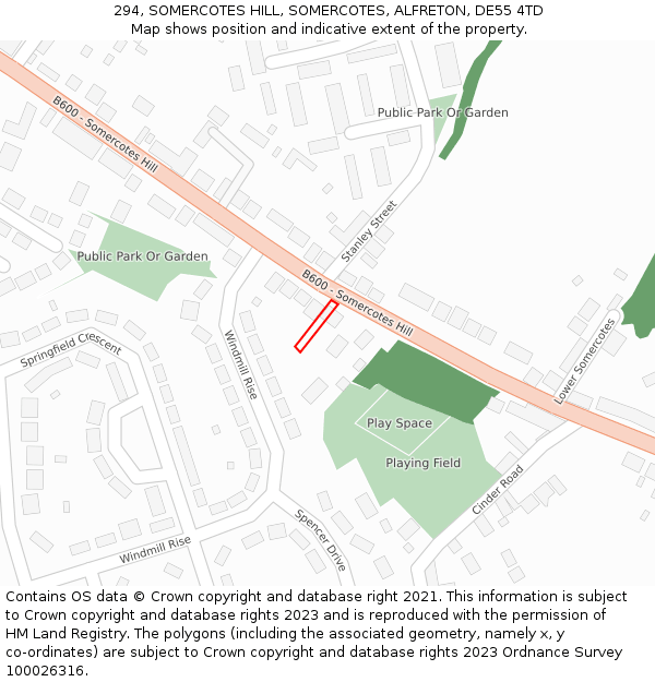 294, SOMERCOTES HILL, SOMERCOTES, ALFRETON, DE55 4TD: Location map and indicative extent of plot