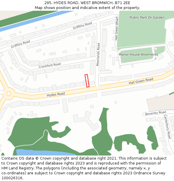 295, HYDES ROAD, WEST BROMWICH, B71 2EE: Location map and indicative extent of plot