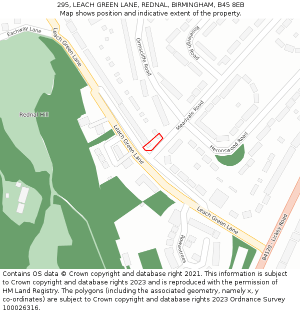 295, LEACH GREEN LANE, REDNAL, BIRMINGHAM, B45 8EB: Location map and indicative extent of plot