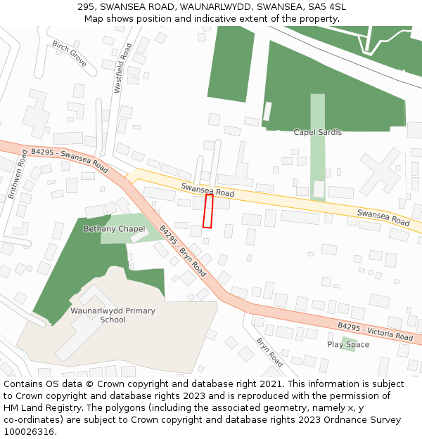 295, SWANSEA ROAD, WAUNARLWYDD, SWANSEA, SA5 4SL: Location map and indicative extent of plot