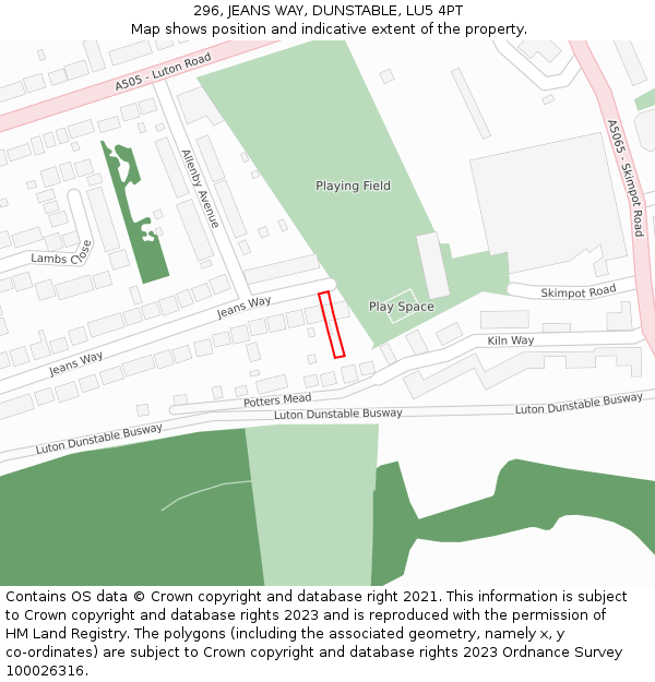 296, JEANS WAY, DUNSTABLE, LU5 4PT: Location map and indicative extent of plot