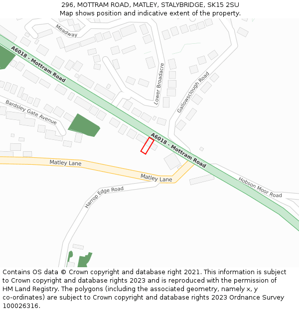 296, MOTTRAM ROAD, MATLEY, STALYBRIDGE, SK15 2SU: Location map and indicative extent of plot