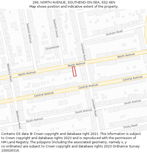 296, NORTH AVENUE, SOUTHEND-ON-SEA, SS2 4EN: Location map and indicative extent of plot