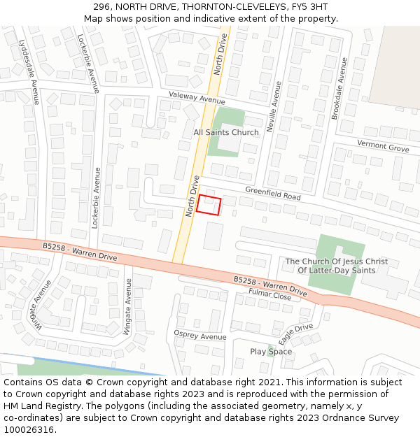 296, NORTH DRIVE, THORNTON-CLEVELEYS, FY5 3HT: Location map and indicative extent of plot