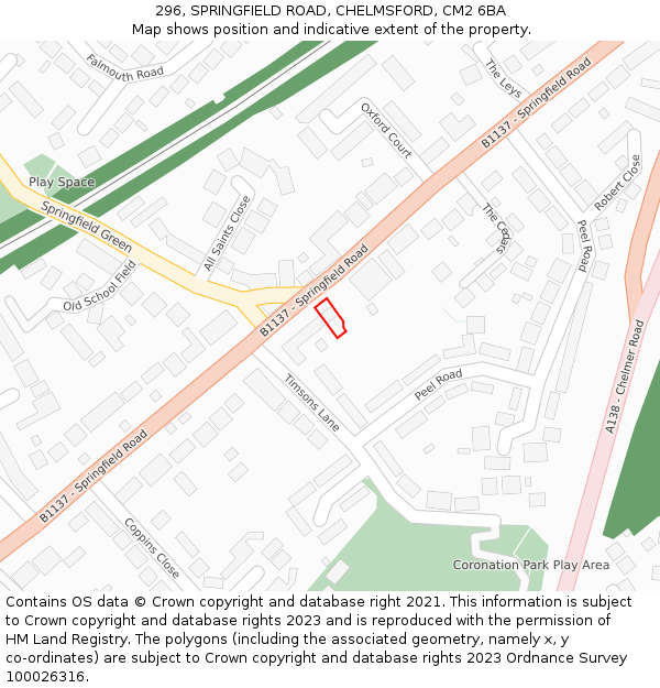 296, SPRINGFIELD ROAD, CHELMSFORD, CM2 6BA: Location map and indicative extent of plot