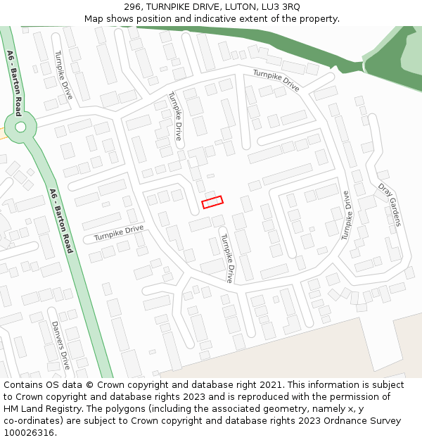 296, TURNPIKE DRIVE, LUTON, LU3 3RQ: Location map and indicative extent of plot