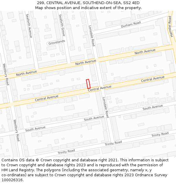 299, CENTRAL AVENUE, SOUTHEND-ON-SEA, SS2 4ED: Location map and indicative extent of plot