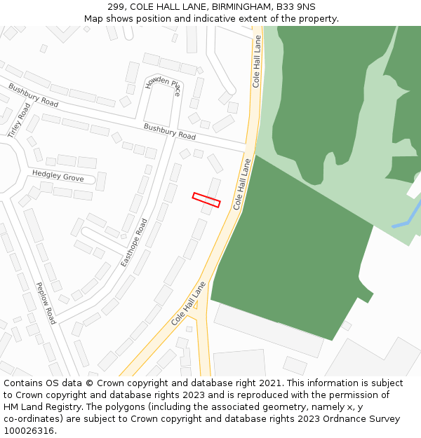 299, COLE HALL LANE, BIRMINGHAM, B33 9NS: Location map and indicative extent of plot