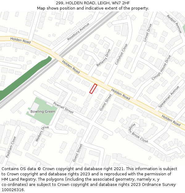 299, HOLDEN ROAD, LEIGH, WN7 2HF: Location map and indicative extent of plot