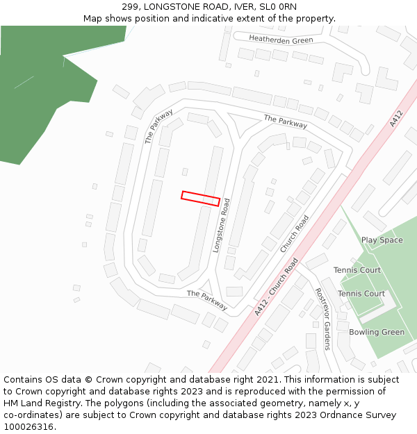 299, LONGSTONE ROAD, IVER, SL0 0RN: Location map and indicative extent of plot