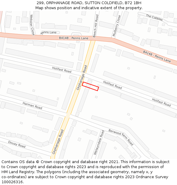 299, ORPHANAGE ROAD, SUTTON COLDFIELD, B72 1BH: Location map and indicative extent of plot