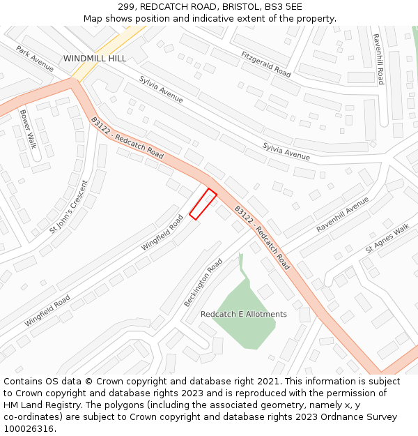 299, REDCATCH ROAD, BRISTOL, BS3 5EE: Location map and indicative extent of plot