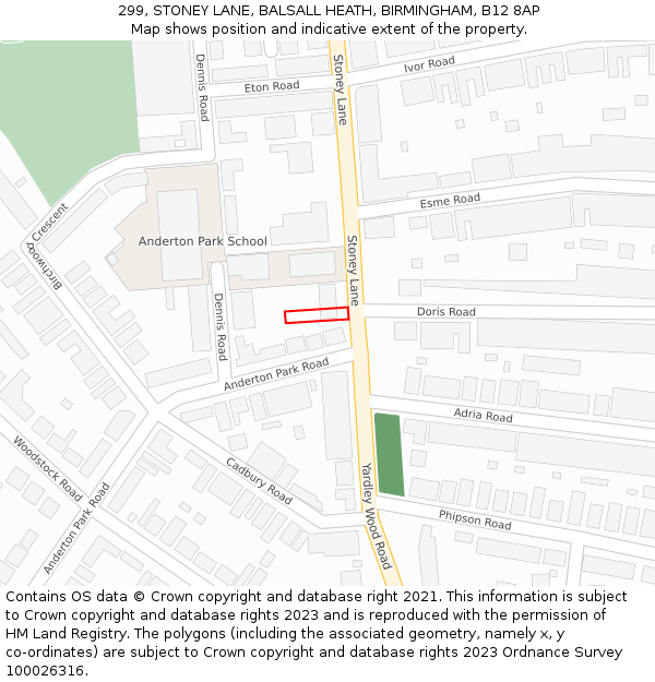 299, STONEY LANE, BALSALL HEATH, BIRMINGHAM, B12 8AP: Location map and indicative extent of plot