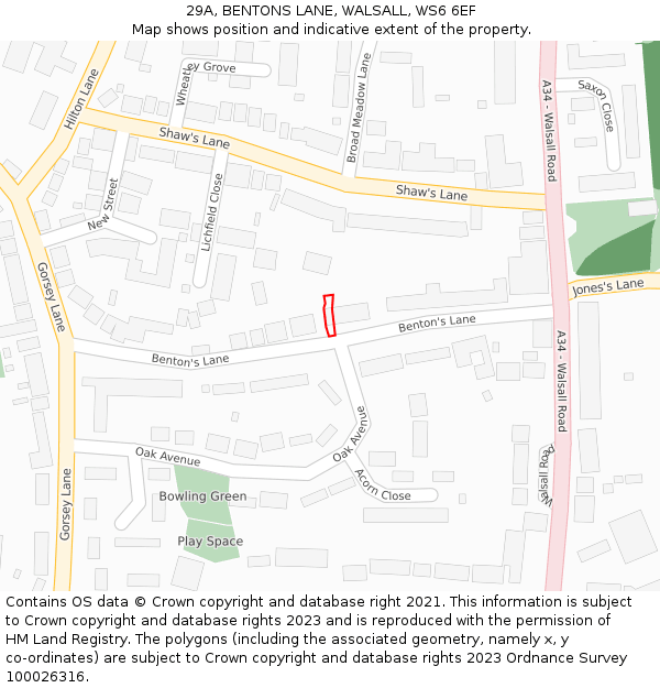 29A, BENTONS LANE, WALSALL, WS6 6EF: Location map and indicative extent of plot