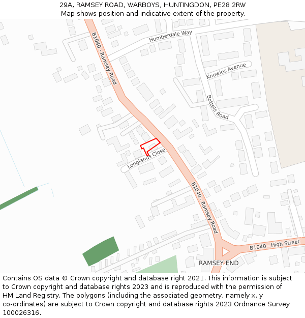 29A, RAMSEY ROAD, WARBOYS, HUNTINGDON, PE28 2RW: Location map and indicative extent of plot