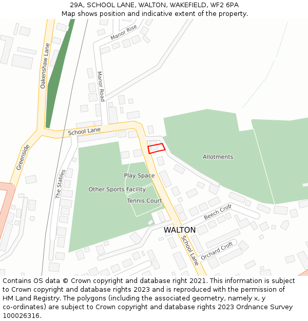 29A, SCHOOL LANE, WALTON, WAKEFIELD, WF2 6PA: Location map and indicative extent of plot