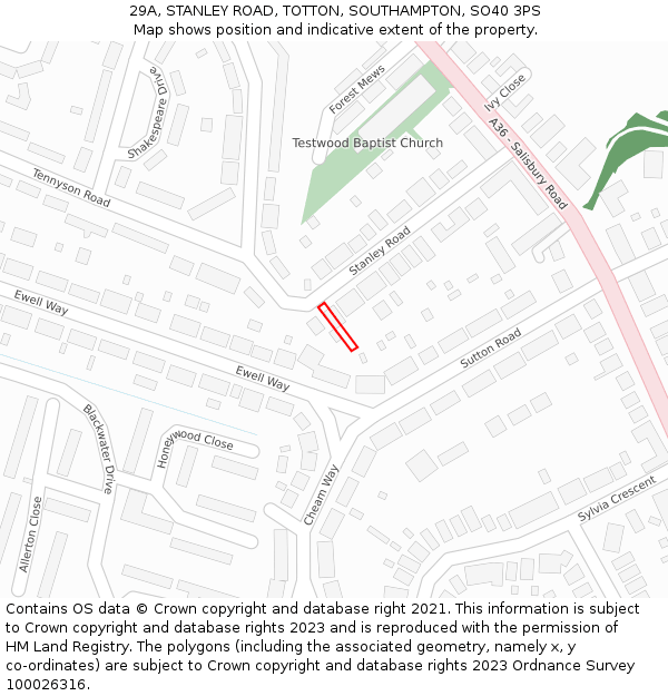 29A, STANLEY ROAD, TOTTON, SOUTHAMPTON, SO40 3PS: Location map and indicative extent of plot