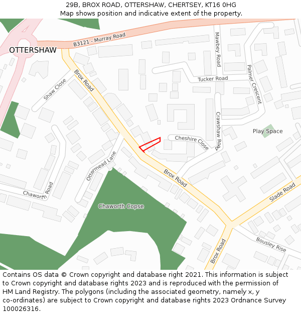 29B, BROX ROAD, OTTERSHAW, CHERTSEY, KT16 0HG: Location map and indicative extent of plot