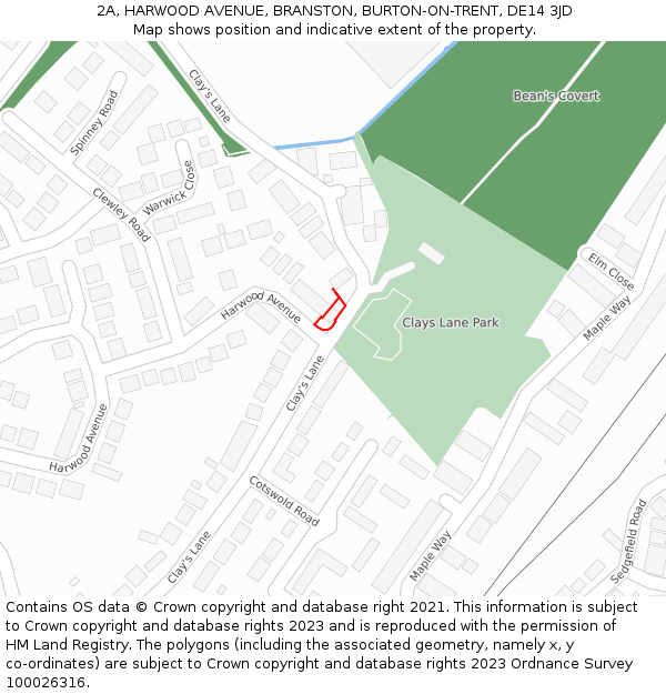 2A, HARWOOD AVENUE, BRANSTON, BURTON-ON-TRENT, DE14 3JD: Location map and indicative extent of plot