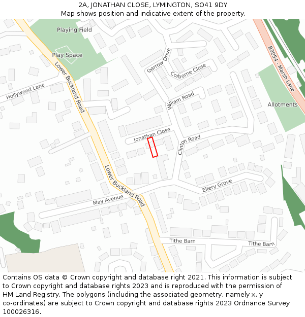 2A, JONATHAN CLOSE, LYMINGTON, SO41 9DY: Location map and indicative extent of plot