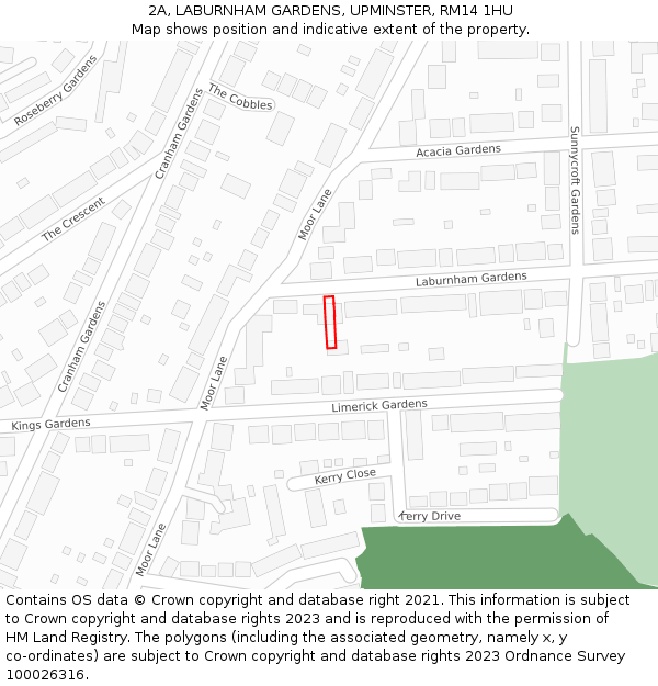 2A, LABURNHAM GARDENS, UPMINSTER, RM14 1HU: Location map and indicative extent of plot