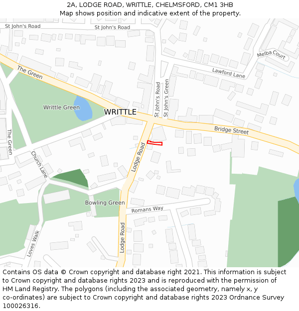 2A, LODGE ROAD, WRITTLE, CHELMSFORD, CM1 3HB: Location map and indicative extent of plot