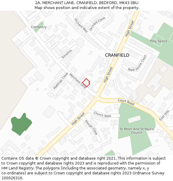 2A, MERCHANT LANE, CRANFIELD, BEDFORD, MK43 0BU: Location map and indicative extent of plot